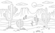 Desert Landscape Line Sketch with Cactus. Coloring scene prairie landscape. Black White Outline drawing of mountains, western rocks and cacti. Wild West background. Hand drawn Vector illustration. 