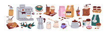 Coffee Elements Set. Machine, Brewing Tools, Accessories, Paper Cups, Glasses, Beans, Bags And Bakery. Coffeehouse Stuff, Grinder, Cezve, Kettle. Flat Vector Illustrations Isolated On White Background