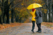 © somemeans - Son are hugging his mom walking in the autumn park in rain with large yellow umbrella. Rainy day