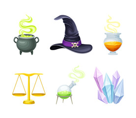 Wall Mural - Magic objects set. Witch hat, cauldron with bubbling potion, scales vector illustration