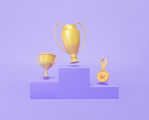 Wall Mural - Cartoon minimal cute smooth. winner on podium with trophy cups golden with star and first. second and third on pedestal. Champion 1st winner concept on purple background. 3d render illustration