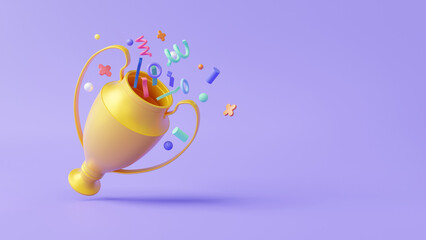 Wall Mural - 3D Cartoon minimal trophy cup icon floating purple pastel background. sport banner cute smooth. copy space, reward, prize, congratulations, champion 1st winner concept. 3d render illustration