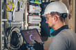 © puhimec - Man, an electrical technician working in a switchboard with fuses, uses a tablet.