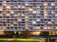 Germany, Baden-Wurttemberg, Stuttgart, Balconies Of Apartment Building InHallschlagdistrict At Dusk