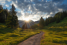 Germany, Bavaria, Footpath In Alps At Sunset