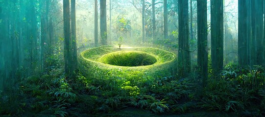 Raster illustration of a magical portal in a clearing in the forest. Magic realism, science fiction, portal to another world, parallel worlds. Magic 3D graphics