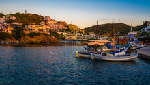Greece,Crete, Bali, Boats Moored In Town Marina At Dawn