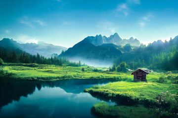 Poster - Wooden cabin near river in alpine mountain landscape