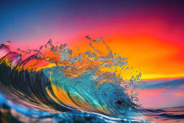 Wall Mural - Ocean wave splashing in sea with colorful sunset in sky