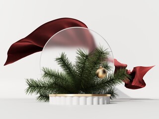 Wall Mural - Chrismas Podium, showcase on white background with red and green drop. Luxury flying cloth in motion - 3D render.  Studio with gold platform, new year toys for product advertising and presentation.