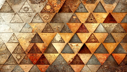 Wall Mural - Triangular Steampunk Plates. Ornate abstract 3D gradient background with geometric pattern and rusty rectangles. Background image abstract. Illustration, 3D digital art rendering.