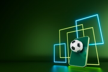 Wall Mural - football balls object, sport ball design, football element concept, 3d illustration, abstract football technology, smartphone mobile screen, green grass field, online sport live, casino sport business