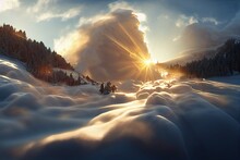 A Powerful Avalanche And A Wall Of Ice On The Snow-covered Landscape, High Altitude Landscape, And Avalanche Risk Concept. Winter Snowy Landscapes With Sunlight Are Shown.