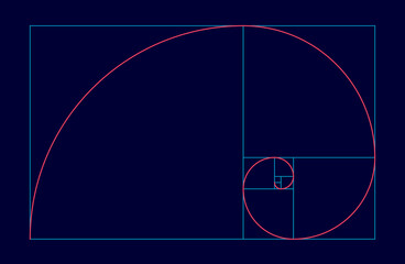 Golden ratio vector spiral shape in fibonacci grid on black background