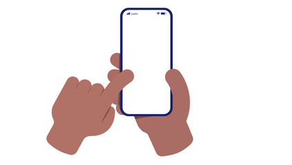Poster - Mobile phone in hand and dark skin - African person holding smartphone and interacting with finger. Flat design cartoon vector illustration with white background