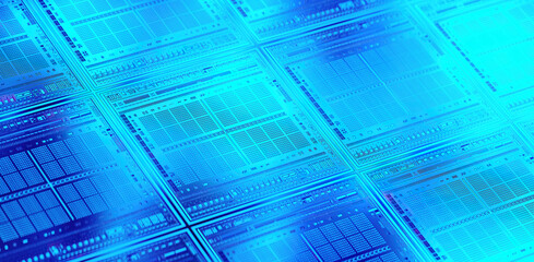 3D rendering of cyberpunk AI. Circuit board. Technology background. Central Computer Processors CPU and GPU concept. Motherboard digital chip. Tech science background.
