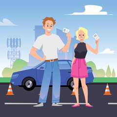 Wall Mural - Happy people with cars driving license cards on the background of city and car, flat vector illustration.