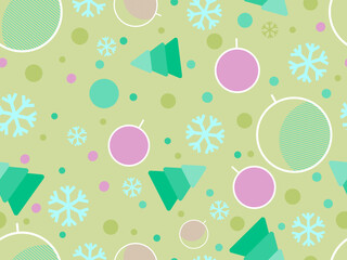 Wall Mural - Christmas memphis seamless pattern with snowflakes and christmas decorations and geometric shapes in 80s style. Festive background for greeting cards, wrapping paper and banners. Vector illustration