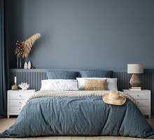 Home Mockup, Cozy Dark Blue Bedroom Interior Background, 3d Render