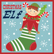 christmas greeting card with christmas elf and stocking