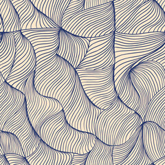 Aesthetic wavy seamless pattern. Delicate hand drawn texture with organic natural lines. Thin hand drawn ink strokes in flowing dynamic print for fabric design. Vintage retro japanese style texture.
