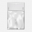 Empty clear plastic pouch bag with white blank paper top and hanging hole mockup. Transparent nylon package vector mock-up