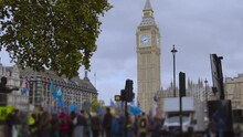Brexit Protest And Pro EU Flags Being Waved By Big Ben In A National Re-join March Protest London UK Tilt Shift Lens
