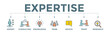 Expertise banner web illustration reflection of knowledge and experience with expert, consulting, knowledge, team, advice, trust, and research icon