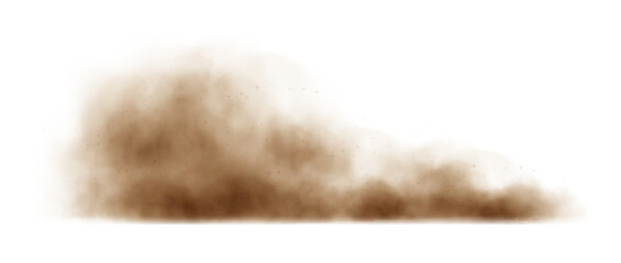 Sand cloud, sandstorm, dirty dust or brown smoke. Heavy thick smog effect isolated on white background. Realistic vector illustration