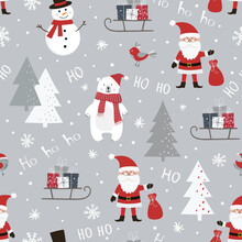Christmas Seamless Pattern With Santa Claus, Snowman, Polar Bear, Sleigh With Gift Boxes, Birds And Christmas Tree.