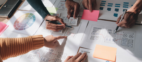 Team ux designer creative graphic planning application development a prototype smartphone layout.