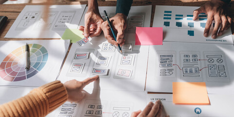 Team ux designer creative graphic planning application development a prototype smartphone layout.