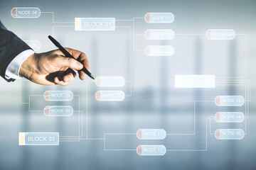 Multi exposure of developer hand with pen working with abstract programming language hologram on blurred office background, artificial intelligence and machine learning concept