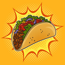 Taco Traditional Mexican Food Pinup Pop Art Retro Raster Illustration. Comic Book Style Imitation.