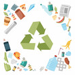 Garbage recycling arrows emblem surrounded by trash. Flat style vector illustration