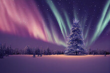 Winter Christmas Landscape. Magical Fairy Light. Christmas Tree. Winter Starry Sky