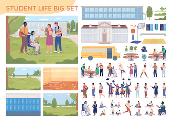 Wall Mural - Student life 2D vector isolated illustrations big set. Flat characters, objects with cartoon backgrounds. Colourful editable constructor for web graphic design and animation. Quicksand font used