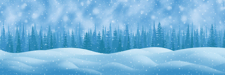 Wall Mural - light winter landscape, snow drifts and trees, it snows, vector illustration, panoramic view