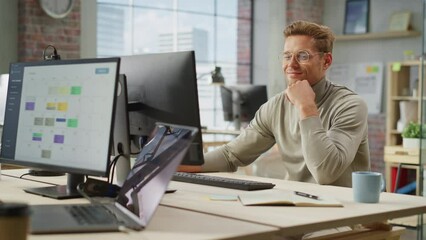 Poster - Portrait of Enthousiastic Caucasian Young Male Working on Computer in a Modern Bright Office. Confident Human Resources Agent Smiling Happily While Collaborating Online with Colleagues. Dolly Shot.