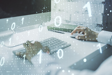 Wall Mural - double exposure of creative abstract binary code hologram and hands typing on laptop on background. 