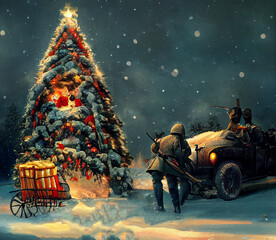 Christmas at war. armed fighters near a Christmas tree.