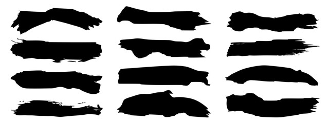 Wall Mural - Vector collection of artistic grungy black paint hand made creative brush stroke set isolated on banner background. A group of abstract grunge sketches for design education or graphic art decoration