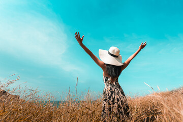 Wall Mural - happy woman in summer nature with open hands Freedom Ideas Ideas