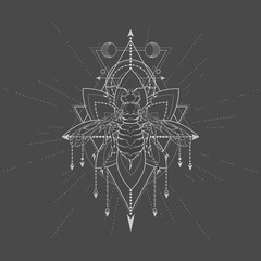 Wall Mural - Vector illustration with hand drawn Wasp and Sacred geometric symbol on black background. Abstract mystic sign. White linear shape.