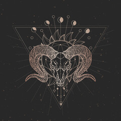 Wall Mural - Vector illustration with hand drawn Wild ram skull and Sacred geometric symbol on black vintage background. Abstract mystic sign.