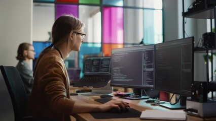 Fototapete - Female Software Engineer Writing Code on Desktop Computer with Multiple Screens Setup in Stylish Coworking Office Space. Professional Caucasian Woman Working on SaaS Platform For Innovative Startup.