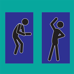 Wall Mural - human figure pictogram in different poses on a blue rectangle on a turquoise background, flat design style