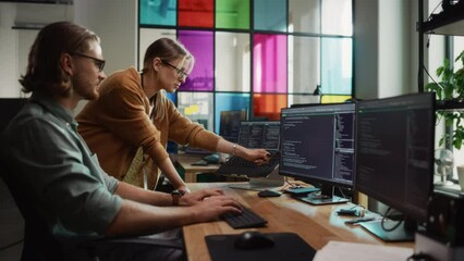 Poster - Male Data Scientist and Female Developer Working With Errors in Code on Desktop Computer in Creative Office. Caucasian Man and Woman Succesfully Fixed a Software Bug And High Five Each Other.