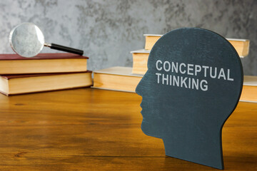 Wall Mural - Conceptual thinking inscription on the head and books near.