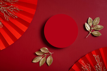 Mock up podium round stage or pedestal and paper art Chinese new year symbol top view